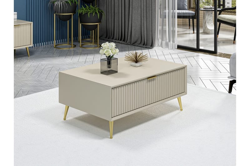 Luxe 90 cm Rektangulärt Soffbord med Lådor i Trä, Beige