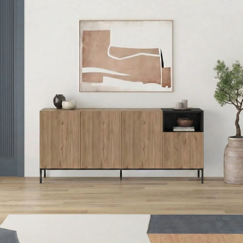 Morlen Konsol 180x80x41,8 cm - Natural Oak, Wood Black, Sandstone - Möbler - Vardagsrum - Soffbord & vardagsrumsbord - Avlastningsbord & konsolbord