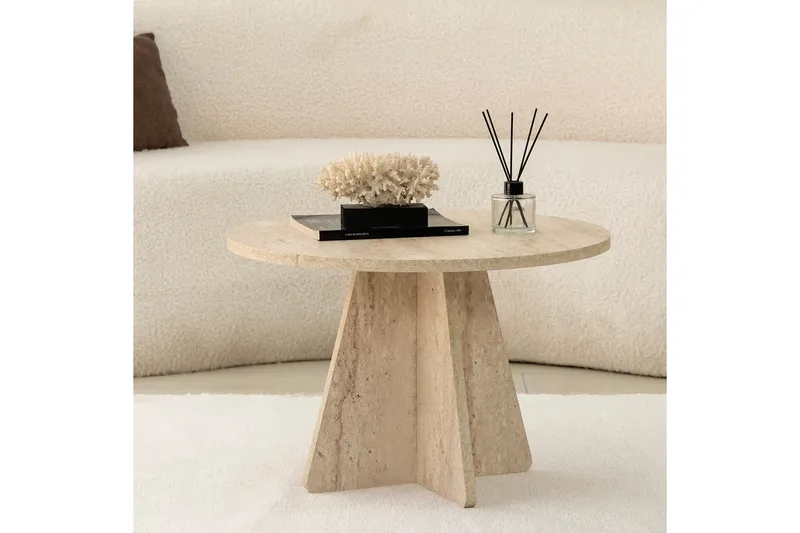 Munne Runt Soffbord 60 cm i Sten med Korsformad Sockel - Beige - Möbler - Vardagsrum - Soffbord & vardagsrumsbord - Soffbord