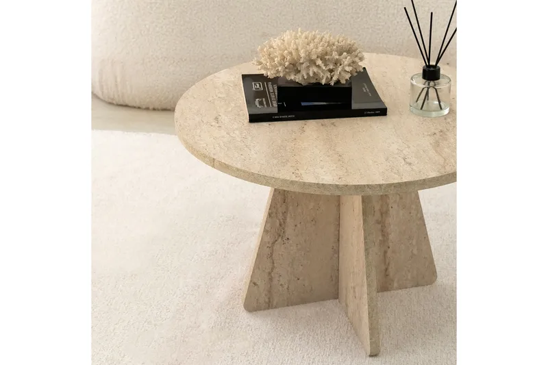 Munne Runt Soffbord 60 cm i Sten med Korsformad Sockel - Beige - Möbler - Vardagsrum - Soffbord & vardagsrumsbord - Soffbord