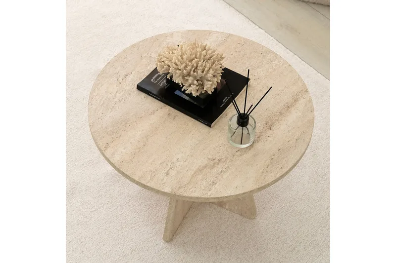Munne Runt Soffbord 60 cm i Sten med Korsformad Sockel - Beige - Möbler - Vardagsrum - Soffbord & vardagsrumsbord - Soffbord