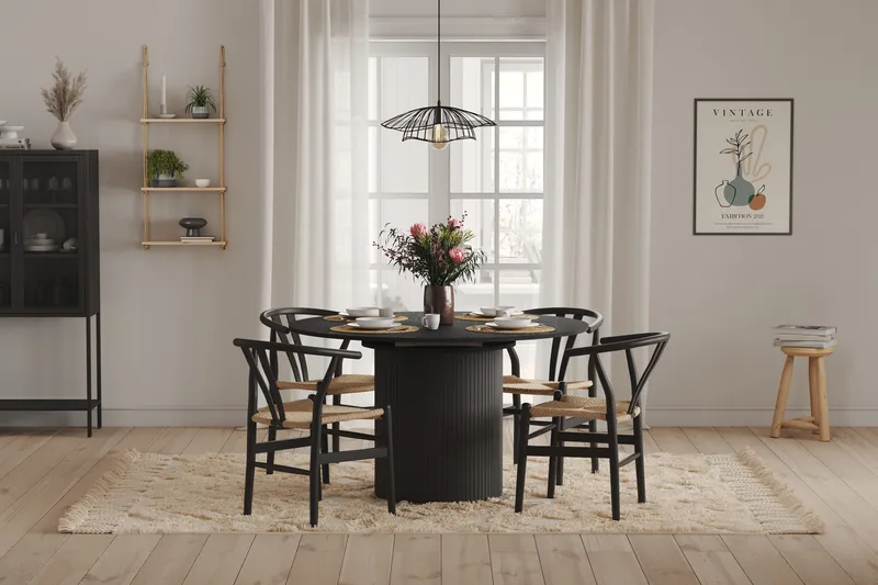 Kopparbo Runt Matbord 130 cm Förlängningsbar med illäggsskiva - Svart Trä / Ribbad - Möbler - Matplats - Matbord & köksbord