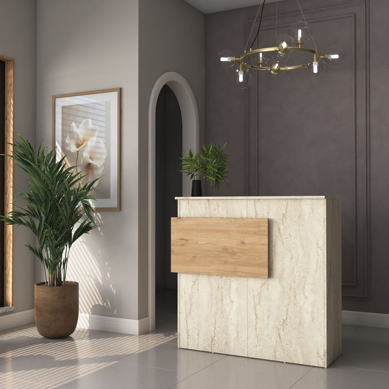 Sarnor Receptionbord 110x110x40 cm - Travertin och valnöt - Möbler - Vardagsrum - Soffbord & vardagsrumsbord - Avlastningsbord & konsolbord