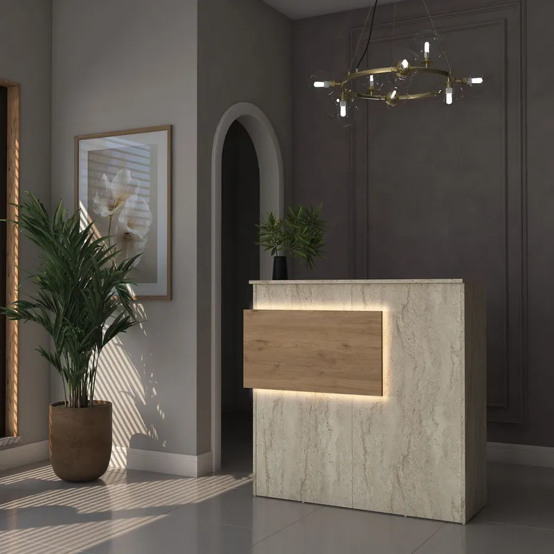 Sarnor Receptionbord 110x110x40 cm - Travertin och valnöt - Möbler - Vardagsrum - Soffbord & vardagsrumsbord - Avlastningsbord & konsolbord