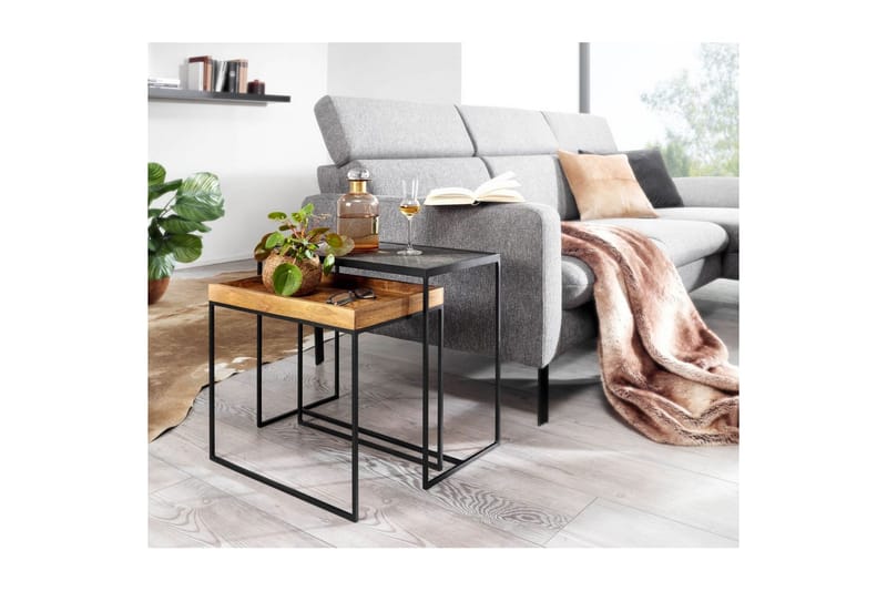 Satsbord Wohnling Set med 2 i massivt trä brickstil stenoptik industriell - Möbler - Vardagsrum - Soffbord & vardagsrumsbord - Brickbord