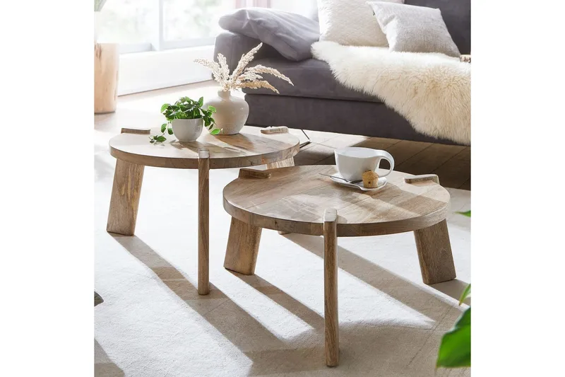 Satsbord Wohnling Set med 2 runda i massivt trä med massiva ben lantstil - Möbler - Vardagsrum - Soffbord & vardagsrumsbord - Satsbord