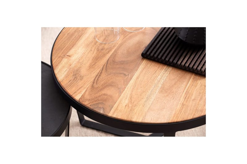 Satsbord Wohnling Set med 2 runda massivt trä och steneffekt, designad metallbas, lantlig stil Svart, akacia - Svart, akacia - Möbler - Vardagsrum - Soffbord & vardagsrumsbord - Satsbord