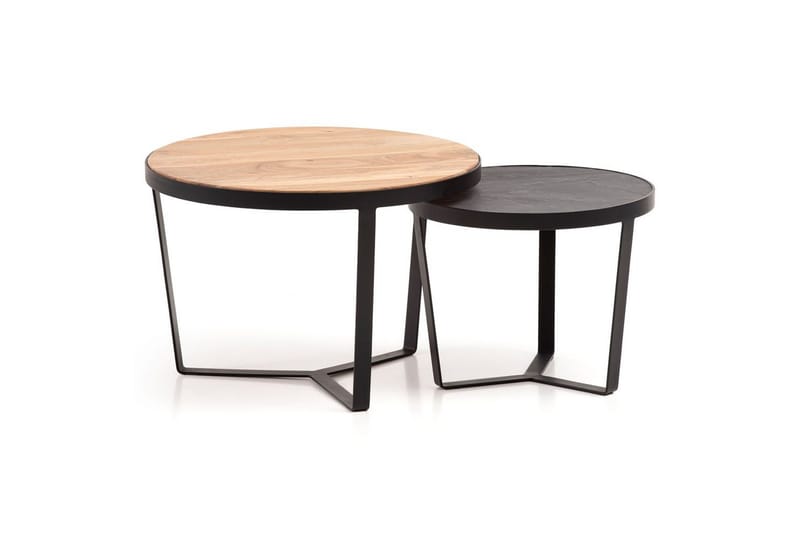 Satsbord Wohnling Set med 2 runda massivt trä och steneffekt, designad metallbas, lantlig stil Svart, akacia - Svart, akacia - Möbler - Vardagsrum - Soffbord & vardagsrumsbord - Satsbord
