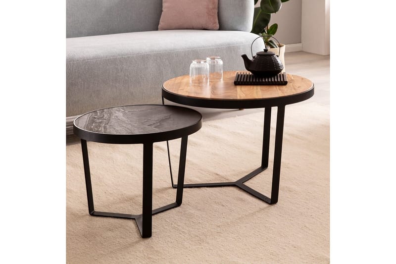 Satsbord Wohnling Set med 2 runda massivt trä och steneffekt, designad metallbas, lantlig stil Svart, akacia - Svart, akacia - Möbler - Vardagsrum - Soffbord & vardagsrumsbord - Satsbord