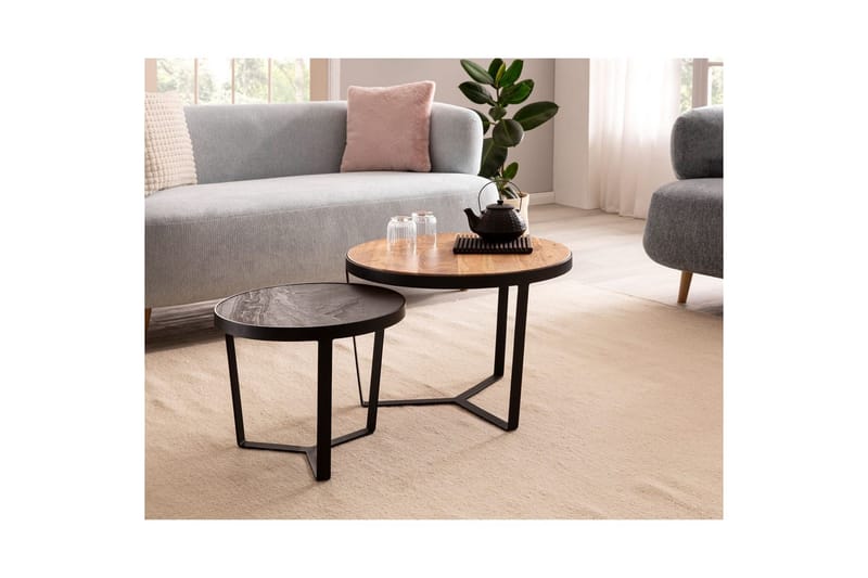 Satsbord Wohnling Set med 2 runda massivt trä och steneffekt, designad metallbas, lantlig stil Svart, akacia - Svart, akacia - Möbler - Vardagsrum - Soffbord & vardagsrumsbord - Satsbord