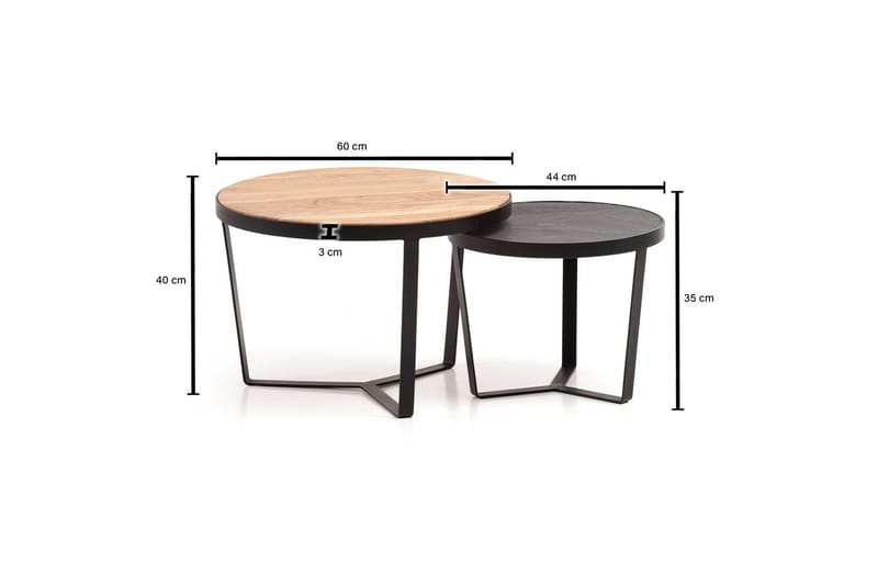 Satsbord Wohnling Set med 2 runda massivt trä och steneffekt, designad metallbas, lantlig stil Svart, akacia - Svart, akacia - Möbler - Vardagsrum - Soffbord & vardagsrumsbord - Satsbord