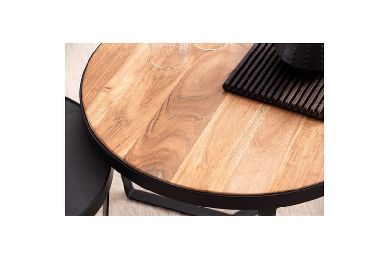 Satsbord Wohnling Set med 2 runda massivt trä och steneffekt, designad metallbas, lantlig stil Svart, akacia - Svart, akacia - Möbler - Vardagsrum - Soffbord & vardagsrumsbord - Satsbord