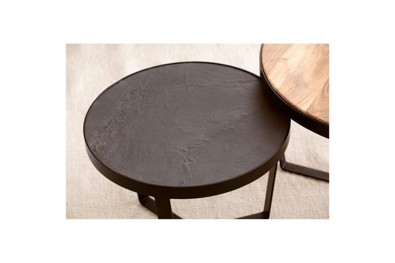 Satsbord Wohnling Set med 2 runda massivt trä och steneffekt, designad metallbas, lantlig stil Svart, akacia - Svart, akacia - Möbler - Vardagsrum - Soffbord & vardagsrumsbord - Satsbord