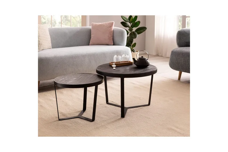 Satsbord Wohnling Set med 2 runda massivt trä och steneffekt, designad metallbas, lantlig stil Svart, svart - Svart, svart - Möbler - Vardagsrum - Soffbord & vardagsrumsbord - Satsbord