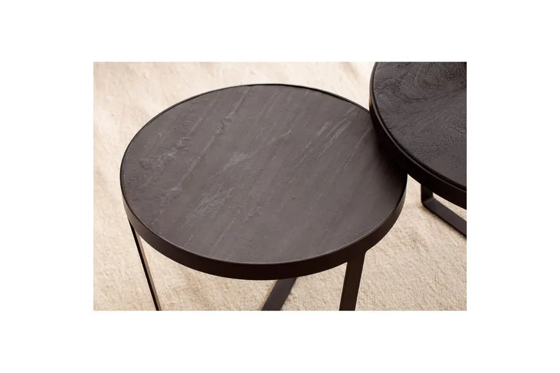 Satsbord Wohnling Set med 2 runda massivt trä och steneffekt, designad metallbas, lantlig stil Svart, svart - Svart, svart - Möbler - Vardagsrum - Soffbord & vardagsrumsbord - Satsbord