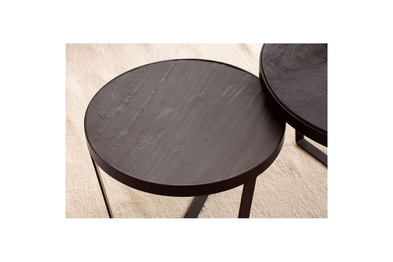 Satsbord Wohnling Set med 2 runda massivt trä och steneffekt, designad metallbas, lantlig stil Svart, svart - Svart, svart - Möbler - Vardagsrum - Soffbord & vardagsrumsbord - Satsbord