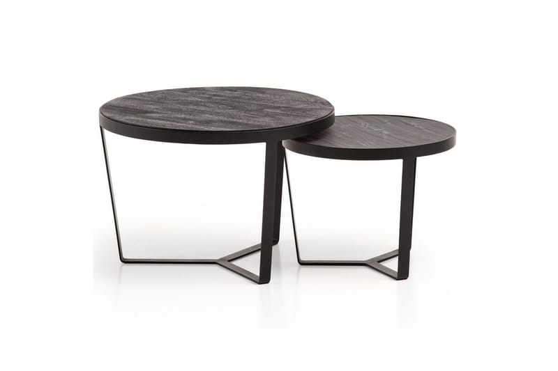 Satsbord Wohnling Set med 2 runda massivt trä och steneffekt, designad metallbas, lantlig stil Svart, svart - Svart, svart - Möbler - Vardagsrum - Soffbord & vardagsrumsbord - Satsbord