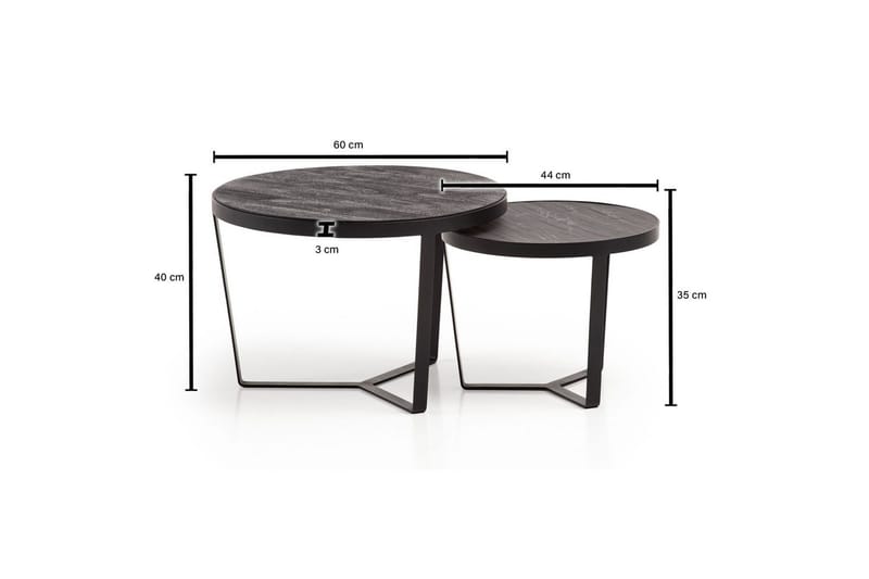 Satsbord Wohnling Set med 2 runda massivt trä och steneffekt, designad metallbas, lantlig stil Svart, svart - Svart, svart - Möbler - Vardagsrum - Soffbord & vardagsrumsbord - Satsbord