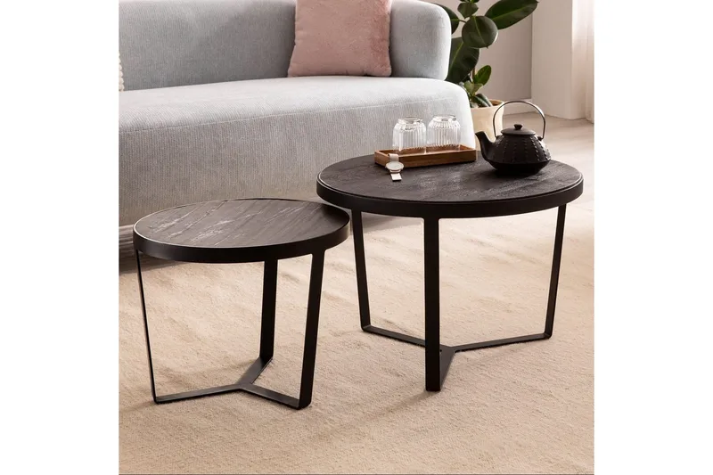 Satsbord Wohnling Set med 2 runda massivt trä och steneffekt, designad metallbas, lantlig stil Svart, svart - Svart, svart - Möbler - Vardagsrum - Soffbord & vardagsrumsbord - Satsbord