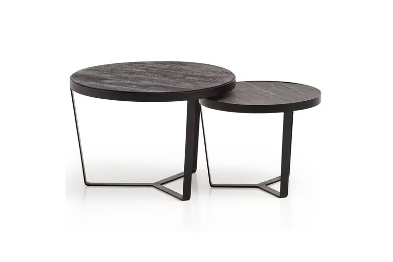 Satsbord Wohnling Set med 2 runda massivt trä och steneffekt, designad metallbas, lantlig stil Svart, svart, Svart, svart