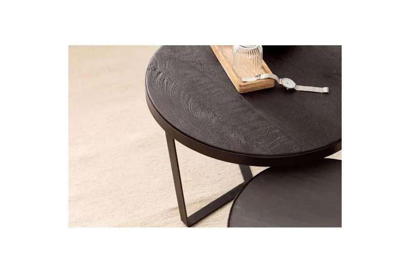 Satsbord Wohnling Set med 2 runda massivt trä och steneffekt, designad metallbas, lantlig stil Svart, svart - Svart, svart - Möbler - Vardagsrum - Soffbord & vardagsrumsbord - Satsbord