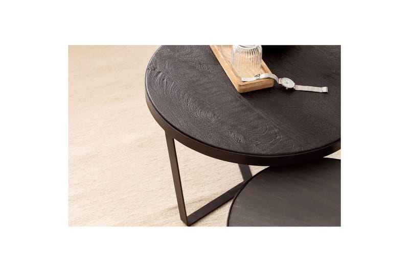 Satsbord Wohnling Set med 2 runda massivt trä och steneffekt, designad metallbas, lantlig stil Svart, svart - Svart, svart - Möbler - Vardagsrum - Soffbord & vardagsrumsbord - Satsbord