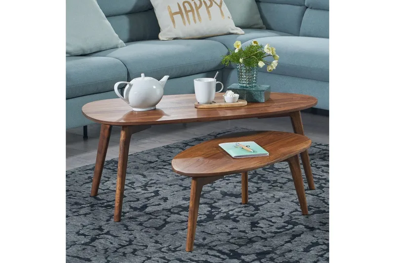 Satsbord Wohnling Set om 2 njurformad, massivt trä, träben, lantstil mörkbrun - mörkbrun - Möbler - Vardagsrum - Soffbord & vardagsrumsbord - Satsbord