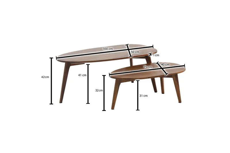 Satsbord Wohnling Set om 2 njurformad, massivt trä, träben, lantstil mörkbrun - mörkbrun - Möbler - Vardagsrum - Soffbord & vardagsrumsbord - Satsbord