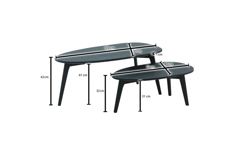 Satsbord Wohnling Set om 2 njurformad, massivt trä, träben, lantstil Svart - Svart - Möbler - Vardagsrum - Soffbord & vardagsrumsbord - Satsbord