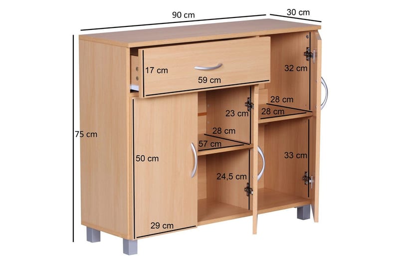 Sideboard Wohnling folierad spånskiva 90x75 cm, 3 dörrar 1 låda, modern stil Bok - Bok - Möbler - Vardagsrum - Soffbord & vardagsrumsbord - Avlastningsbord & konsolbord