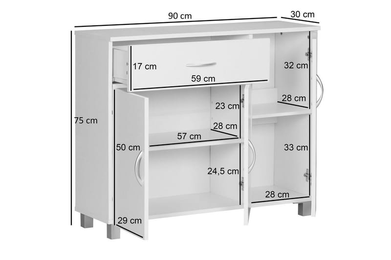Sideboard Wohnling folierad spånskiva 90x75 cm, 3 dörrar 1 låda, modern stil Vit - Vit - Möbler - Vardagsrum - Soffbord & vardagsrumsbord - Avlastningsbord & konsolbord