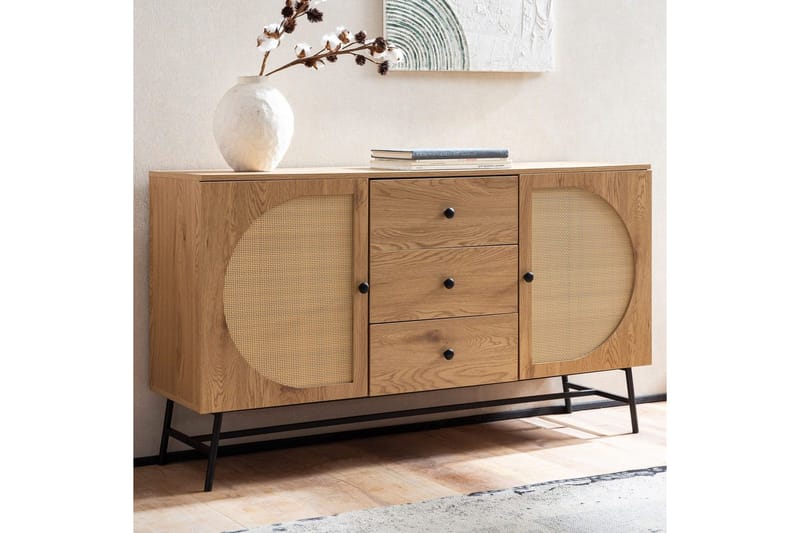 Sideboard Wohnling Folierad spånskiva ekoptik halvcirkel rottingväv look 2 dörrar 3 lådor modern - Möbler - Vardagsrum - Soffbord & vardagsrumsbord - Avlastningsbord & konsolbord