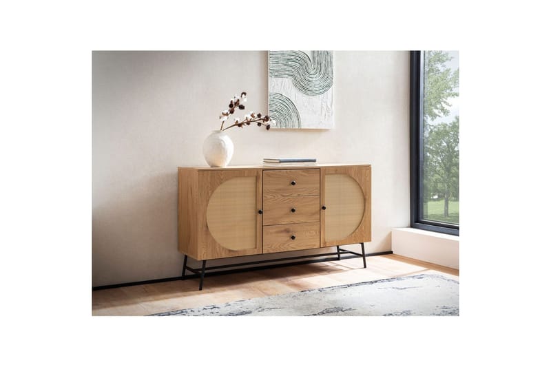 Sideboard Wohnling Folierad spånskiva ekoptik halvcirkel rottingväv look 2 dörrar 3 lådor modern - Möbler - Vardagsrum - Soffbord & vardagsrumsbord - Avlastningsbord & konsolbord