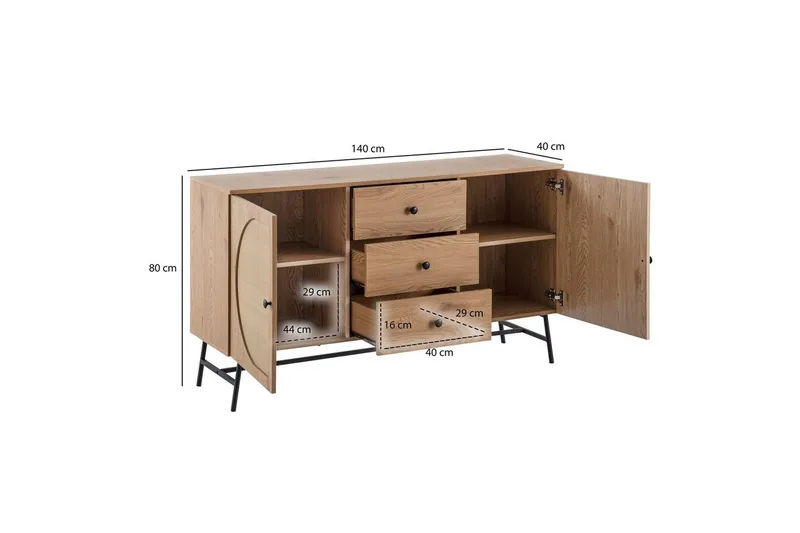 Sideboard Wohnling Folierad spånskiva ekoptik halvcirkel rottingväv look 2 dörrar 3 lådor modern - Förvaring - Förvaringsmöbler - Skänkar & sideboards