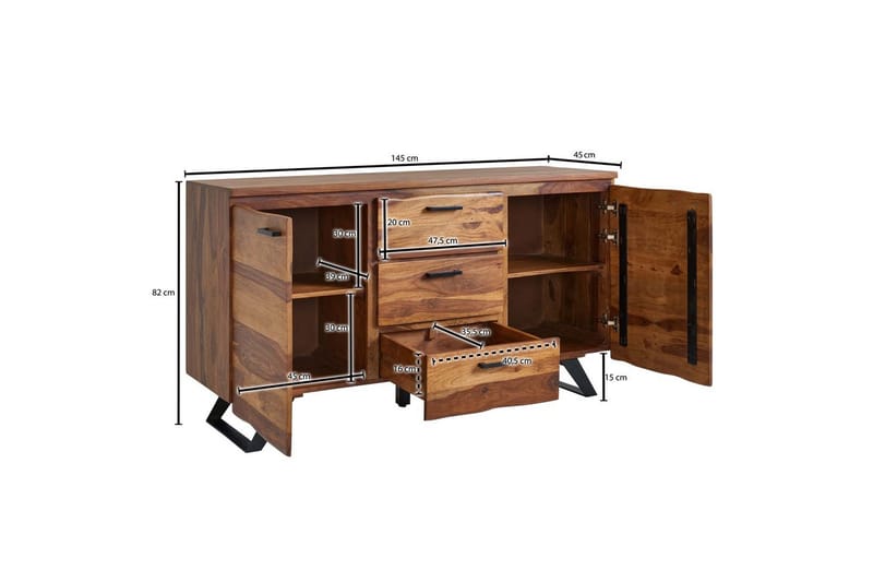 Sideboard Wohnling Massiv trä träd kant 145 cm med 2 dörrar 3 lådor industriell - Möbler - Vardagsrum - Soffbord & vardagsrumsbord - Avlastningsbord & konsolbord