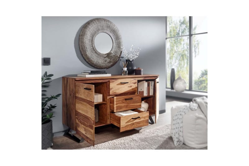 Sideboard Wohnling Massiv trä träd kant 145 cm med 2 dörrar 3 lådor industriell - Möbler - Vardagsrum - Soffbord & vardagsrumsbord - Avlastningsbord & konsolbord