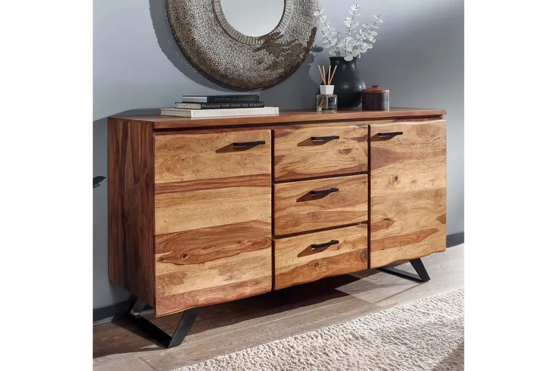 Sideboard Wohnling Massiv trä träd kant 145 cm med 2 dörrar 3 lådor industriell - Möbler - Vardagsrum - Soffbord & vardagsrumsbord - Avlastningsbord & konsolbord