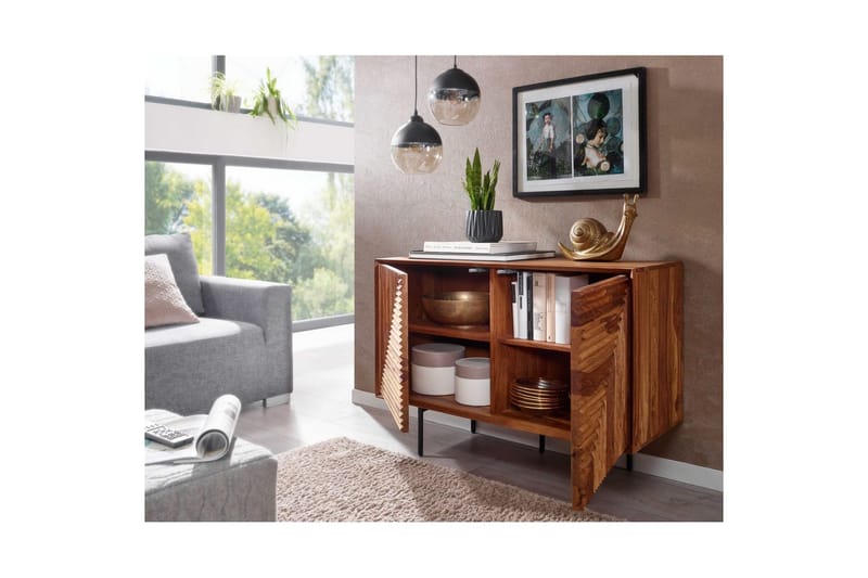 Sideboard Wohnling massivt trä, 3D geometrisk front, tryck-öppna, industriell loftstil 100 cm - 100 cm - Möbler - Vardagsrum - Soffbord & vardagsrumsbord - Avlastningsbord & konsolbord