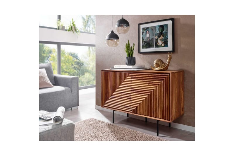 Sideboard Wohnling massivt trä, 3D geometrisk front, tryck-öppna, industriell loftstil 100 cm - 100 cm - Möbler - Vardagsrum - Soffbord & vardagsrumsbord - Avlastningsbord & konsolbord