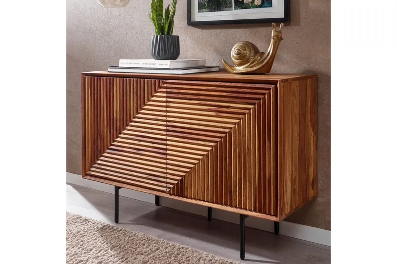 Sideboard Wohnling massivt trä, 3D geometrisk front, tryck-öppna, industriell loftstil 100 cm - 100 cm - Möbler - Vardagsrum - Soffbord & vardagsrumsbord - Avlastningsbord & konsolbord