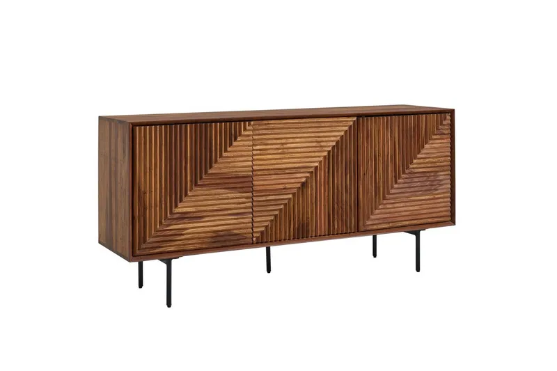 Sideboard Wohnling massivt trä, 3D geometrisk front, tryck-öppna, industriell loftstil 148 cm, 148 cm