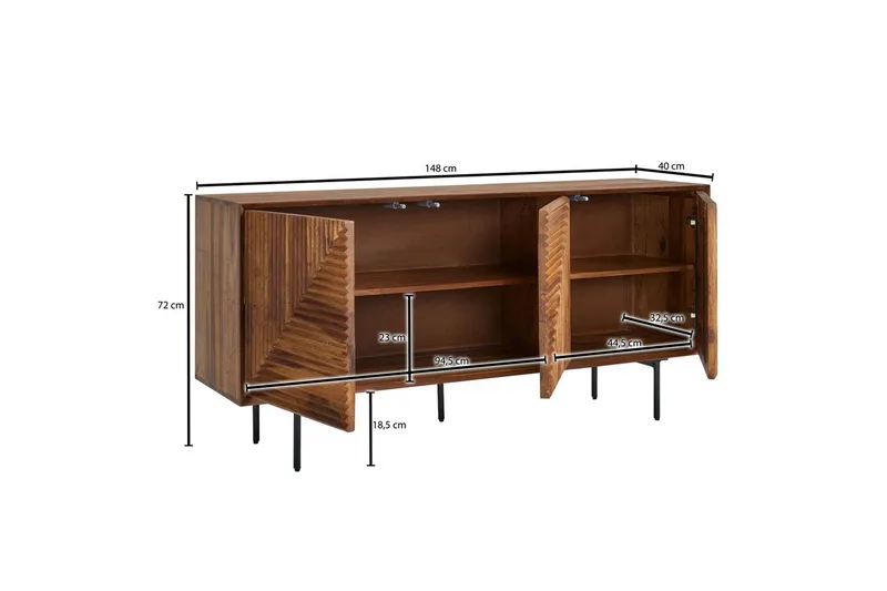 Sideboard Wohnling massivt trä, 3D geometrisk front, tryck-öppna, industriell loftstil 148 cm - 148 cm - Förvaring - Förvaringsmöbler - Skänkar & sideboards