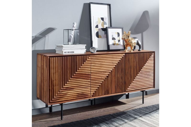 Sideboard Wohnling massivt trä, 3D geometrisk front, tryck-öppna, industriell loftstil 148 cm - 148 cm - Möbler - Vardagsrum - Soffbord & vardagsrumsbord - Avlastningsbord & konsolbord