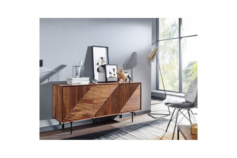 Sideboard Wohnling massivt trä, 3D geometrisk front, tryck-öppna, industriell loftstil 148 cm - 148 cm - Möbler - Vardagsrum - Soffbord & vardagsrumsbord - Avlastningsbord & konsolbord