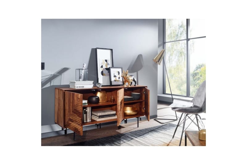 Sideboard Wohnling massivt trä, 3D geometrisk front, tryck-öppna, industriell loftstil 148 cm - 148 cm - Möbler - Vardagsrum - Soffbord & vardagsrumsbord - Avlastningsbord & konsolbord