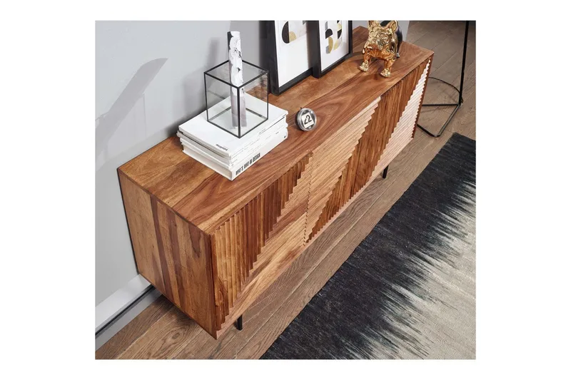 Sideboard Wohnling massivt trä, 3D geometrisk front, tryck-öppna, industriell loftstil 148 cm - 148 cm - Förvaring - Förvaringsmöbler - Skänkar & sideboards