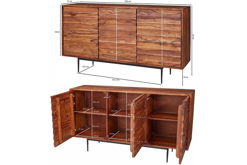 Sideboard Wohnling Massivt trä dörrar med tryck-öppning 150 cm filigrana metallben industriell - Möbler - Vardagsrum - Soffbord & vardagsrumsbord - Avlastningsbord & konsolbord