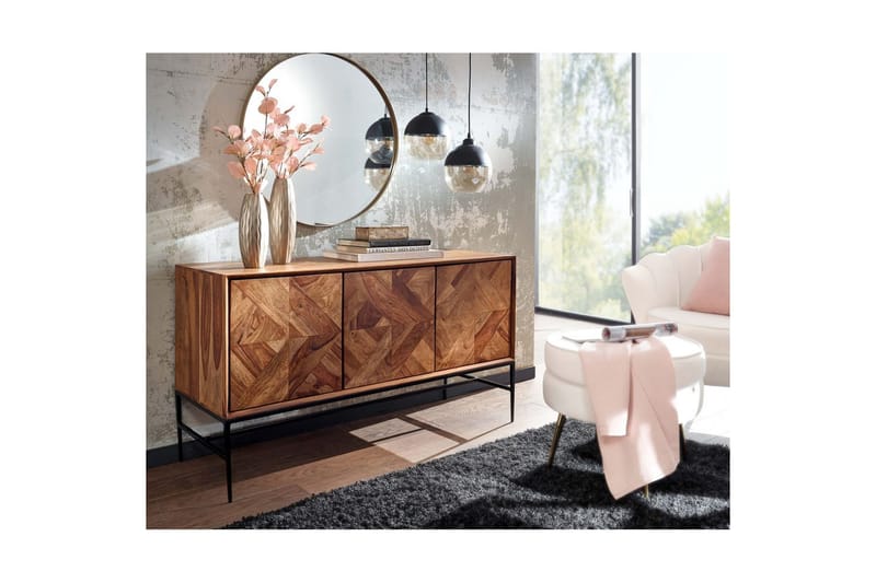 Sideboard Wohnling Massivt trä, triangulär optisk inläggning, 123 cm med 3 dörrar, industriell - Möbler - Vardagsrum - Soffbord & vardagsrumsbord - Avlastningsbord & konsolbord