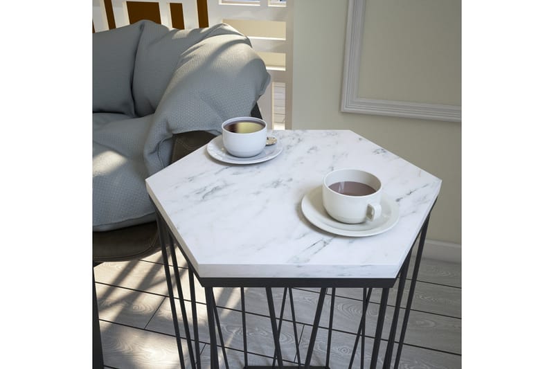 Falan Sidobord 40 cm Hexagon Marmormönster - Vit/Svart - Möbler - Vardagsrum - Soffbord & vardagsrumsbord - Sidobord & lampbord