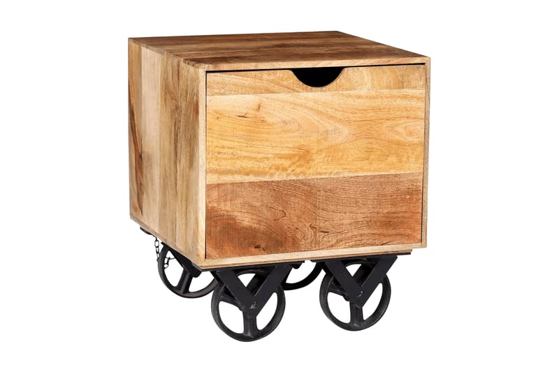 Sidobord med låda och hjul massivt mangoträ 40x40x45 cm - Brun - Brickbord - Bord - Sidobord & lampbord